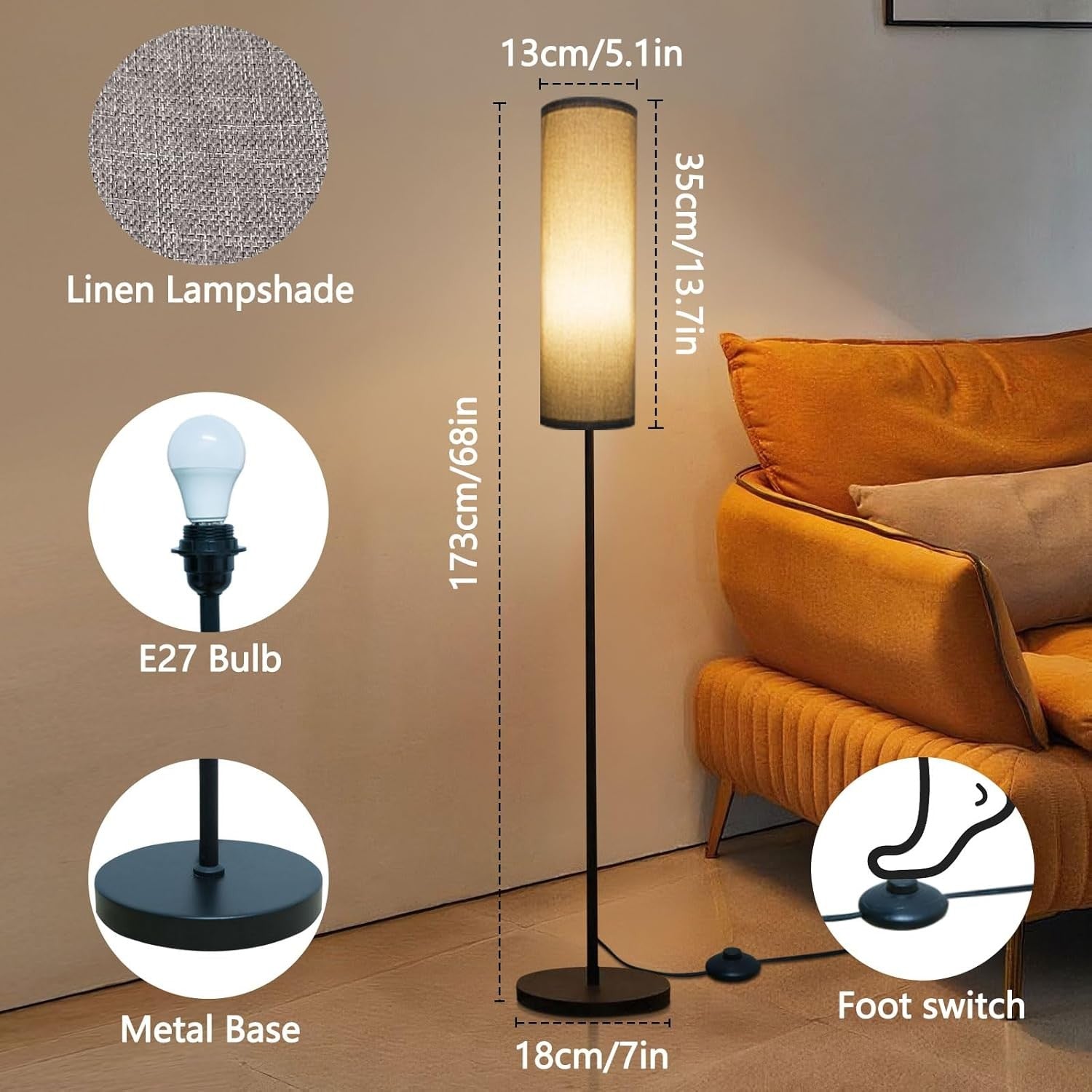 Tall Floor Lamp Grey Fabric Shade Dimmable Standing Light Foot Switch