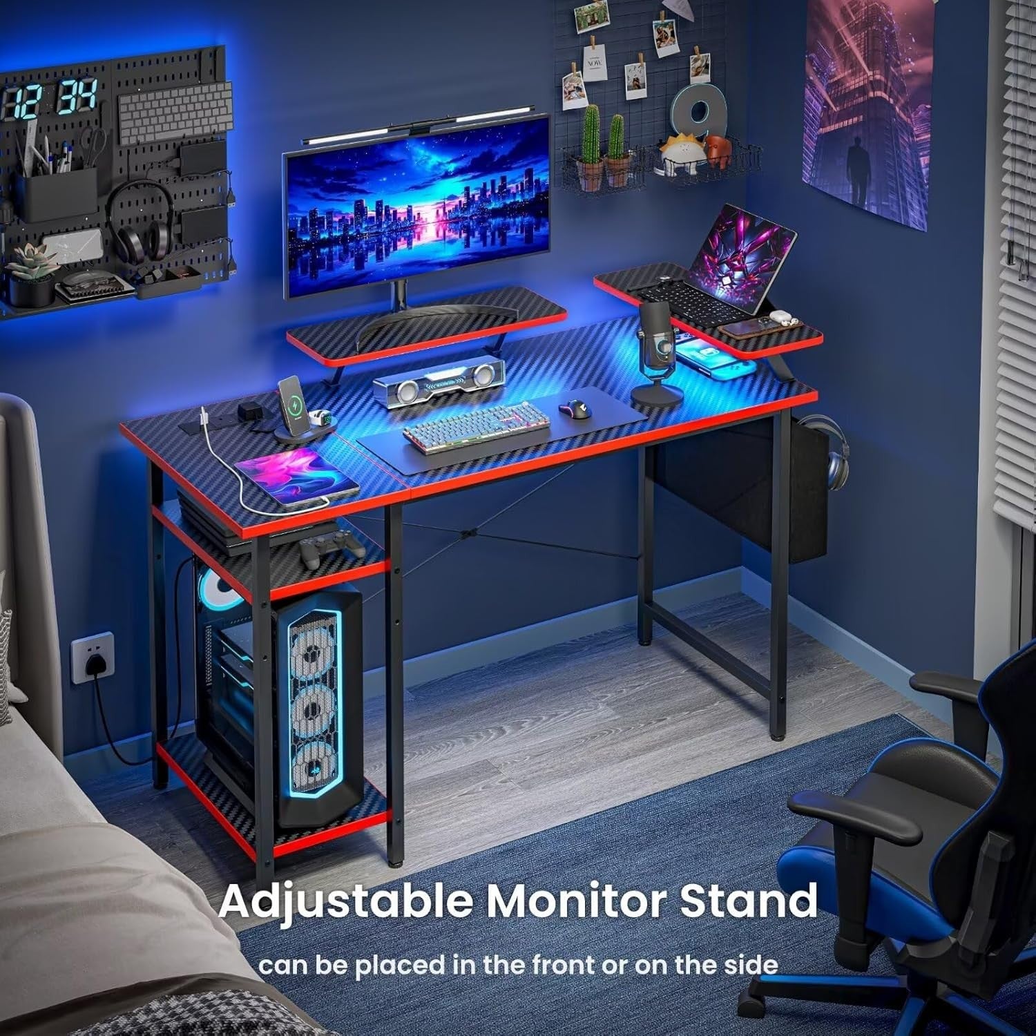 Black LED Gaming Desk 120x50cm w/ Power Outlets & Dual Monitor Stand