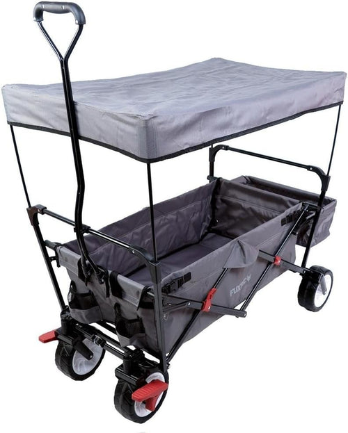 Grey Folding Wagon w/ Canopy Compact Pull Cart Garden Trolley w/ Rear Bag