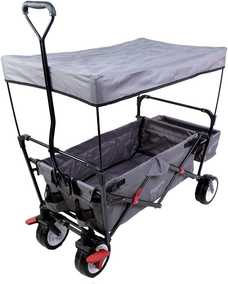 Grey Folding Wagon w/ Canopy Compact Pull Cart Garden Trolley w/ Rear Bag
