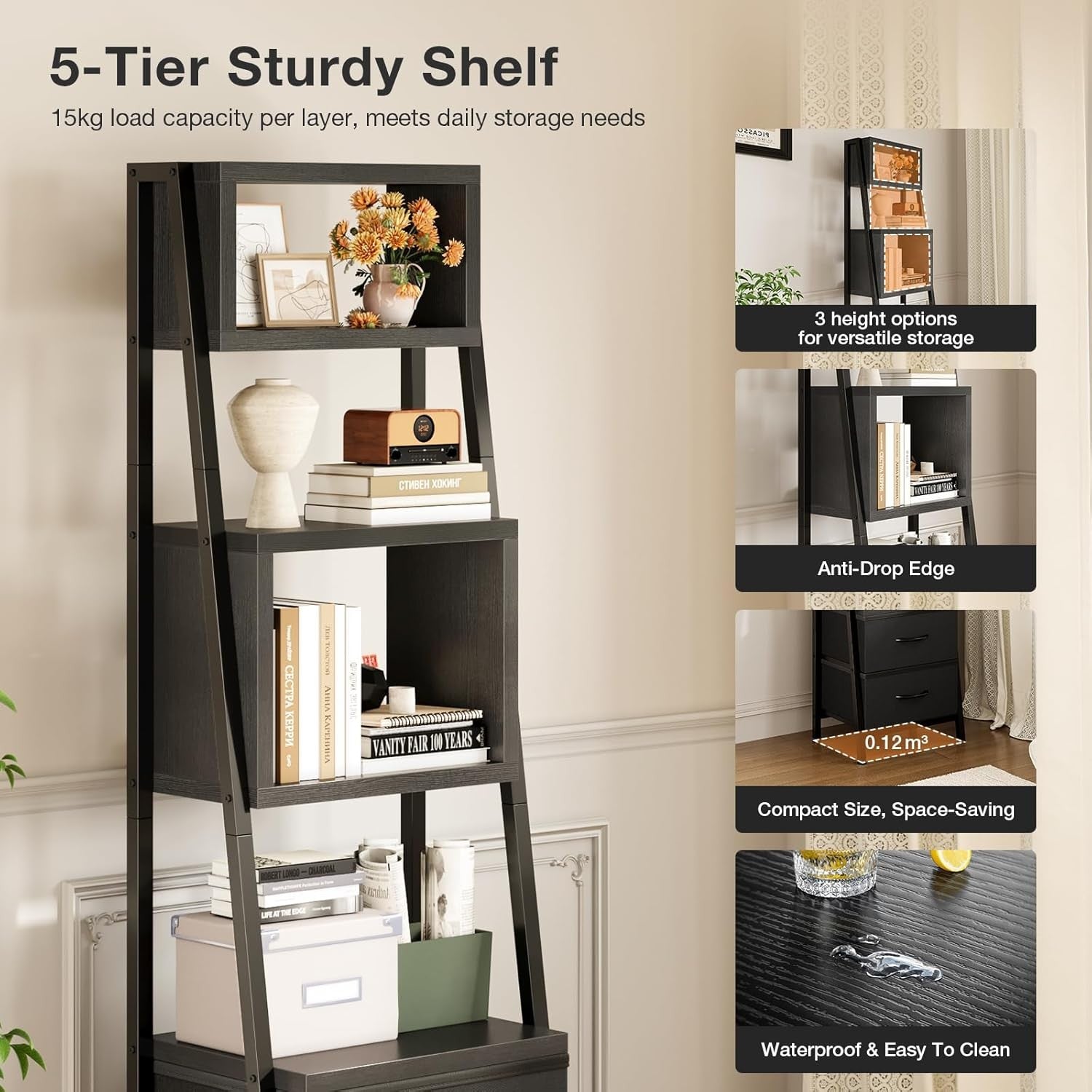 Narrow 5 Tier Bookcase with Drawers Tall Storage Shelf Unit Small Room Organiser