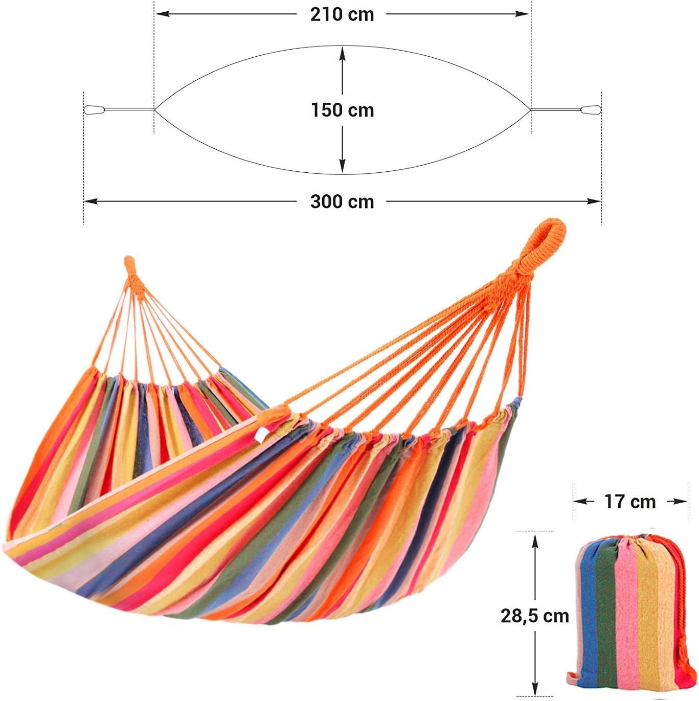 Double Cotton Hammock with Straps & Carabiners, 210x150cm, 300kg Load