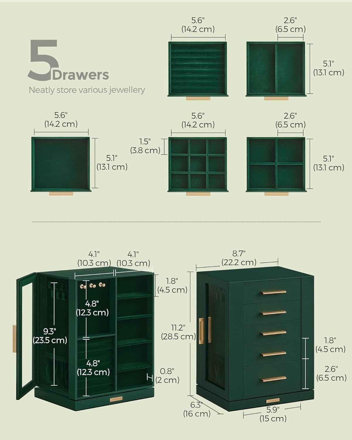 Forest Green Rotating Jewellery Box 360° Vertical Organizer with Drawers