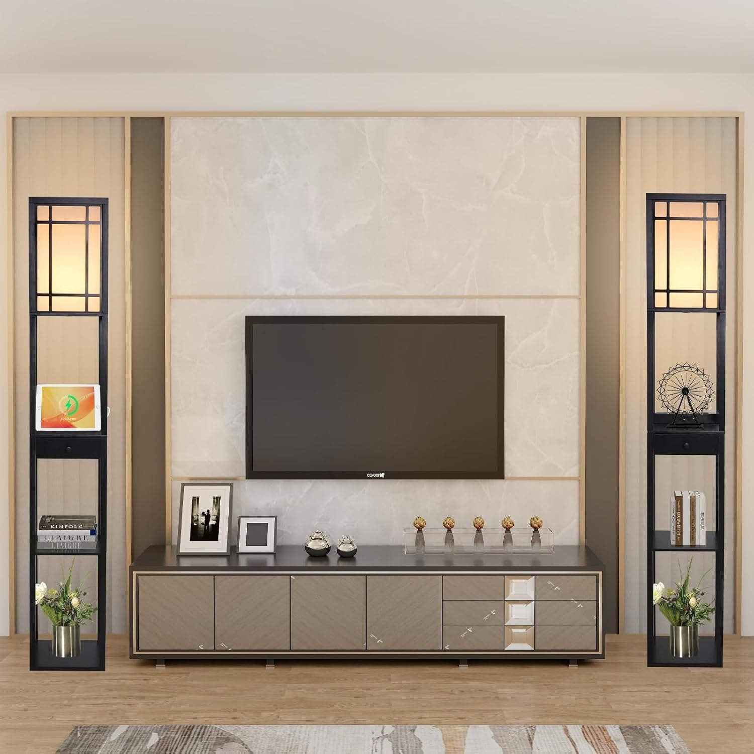 Floor Lamp with Shelves USB Charging Storage Drawer Modern Standing Light