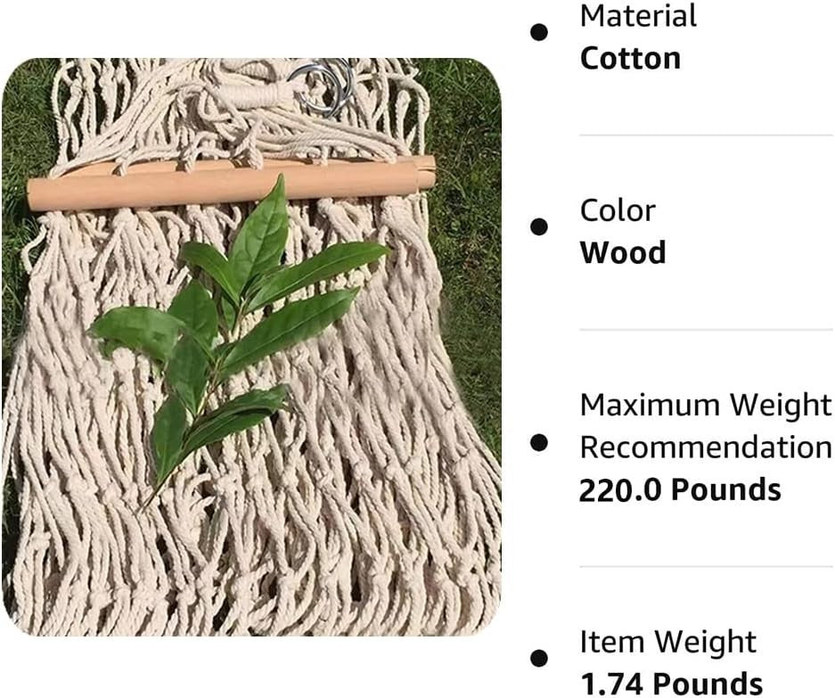 Cotton Rope Hammock with Wood Spreader | Indoor Outdoor Garden Swing