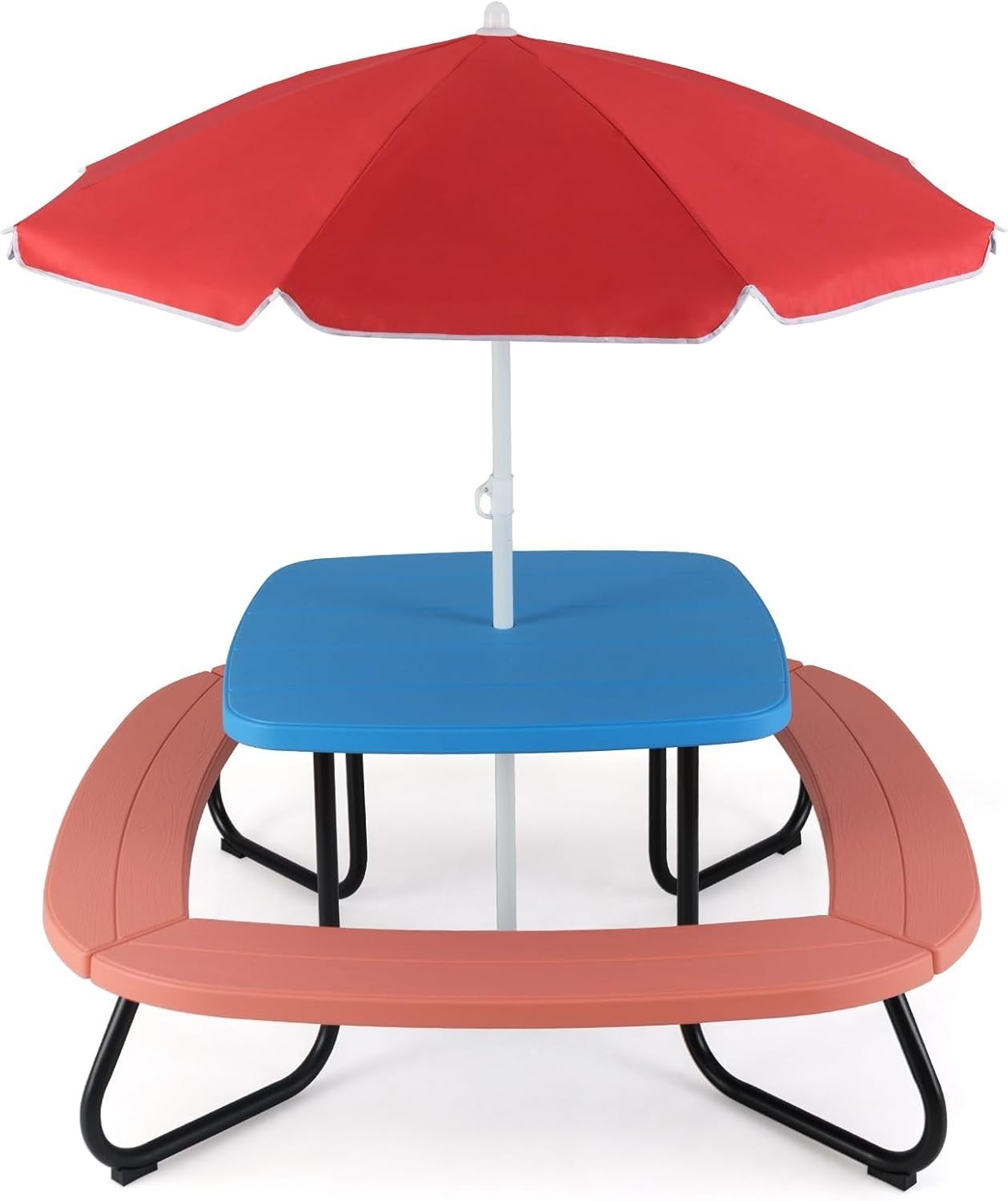 Kids Picnic Table Set with 8 Seats, Adjustable Umbrella, Outdoor Garden Play Tab