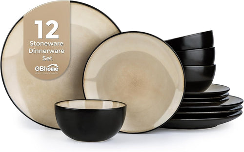 12 Piece Stoneware Dinner Plates Bowls Scratch Resistant Dishwasher Safe