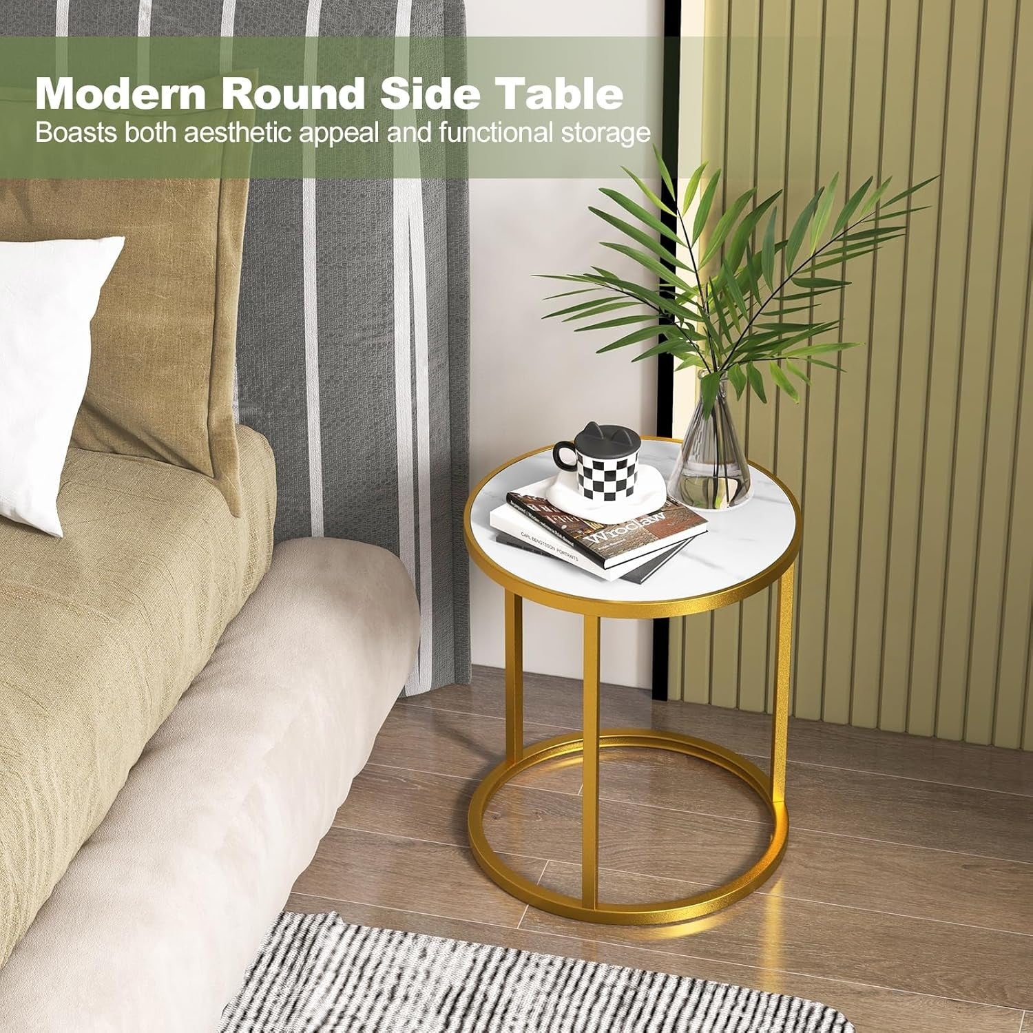 Luxury Marble Top Side Tables Set of 2 – Round Gold Metal Frame Small End Tables