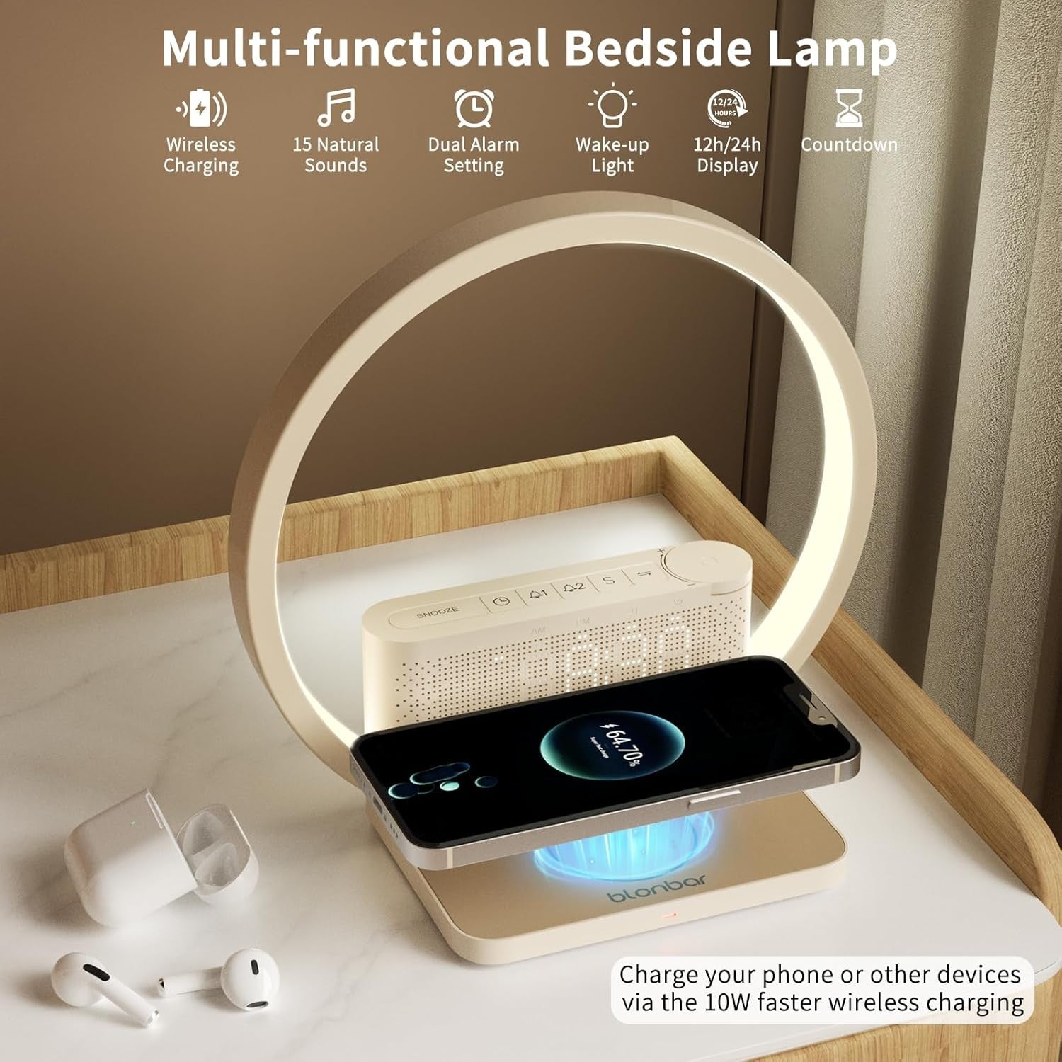 Bedside Wake Up Lamp Alarm Clock Wireless Charger Touch Dimmable Light
