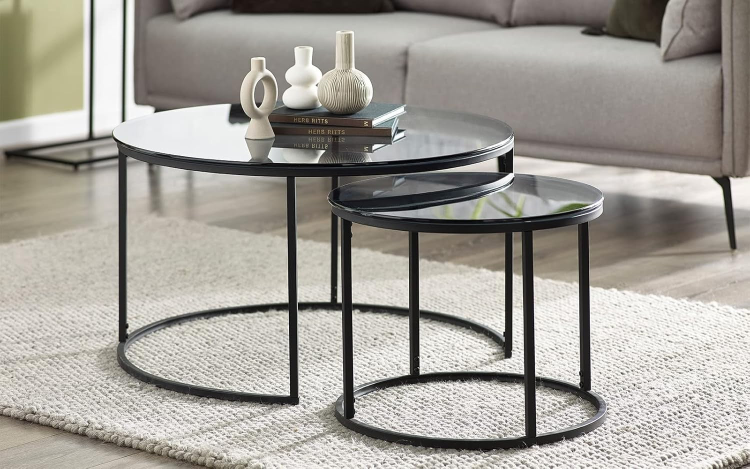 Round Nesting Coffee Tables Set of 3, Smoked Glass & Black 80x50cm
