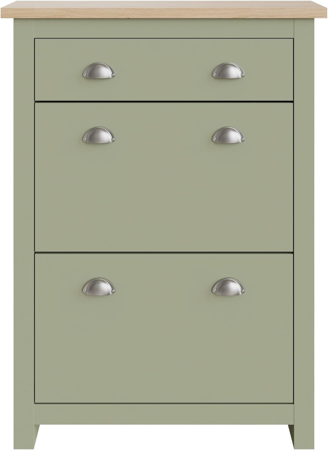 Slim Wooden Shoe Cabinet with Drawer – Oak Effect, 12 Pair Storage, Sage Green