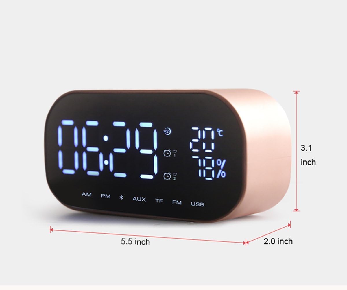 Rose Gold LED Alarm Clock Bluetooth Speaker Wireless Radio Mirror Display