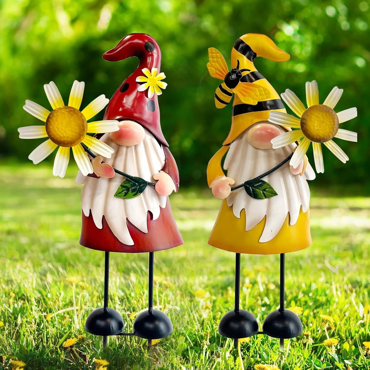 Metal Gnome Garden Ornaments Set of 2 Outdoor Sunflower Yard Decor 18"