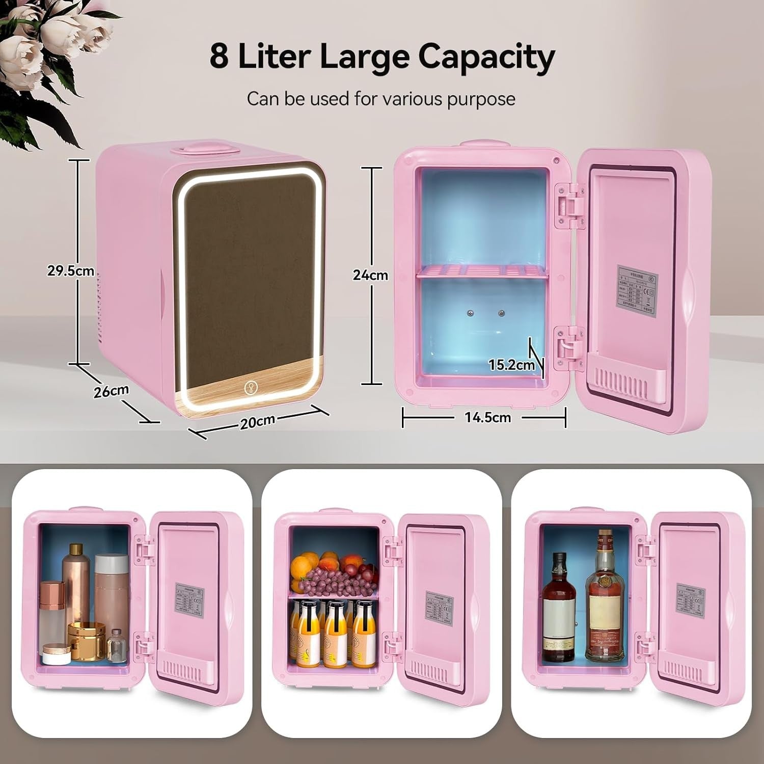 8L Portable Mini Skincare Fridge Cooler & Warmer LED Mirror AC/DC Pink