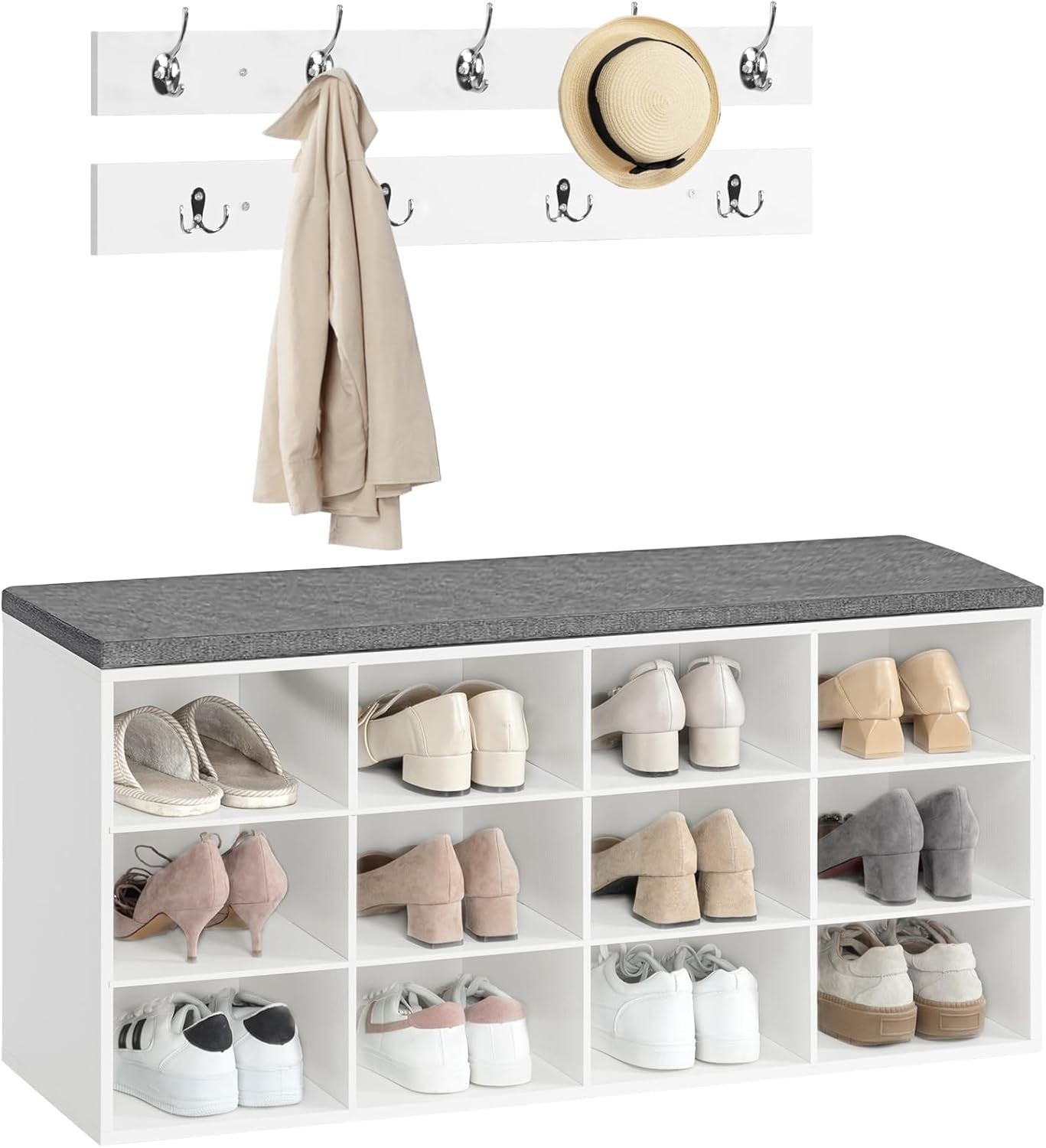 Shoe Storage Bench with Cushion & Hooks, 12 Cubbies, 100cm Hallway Rack