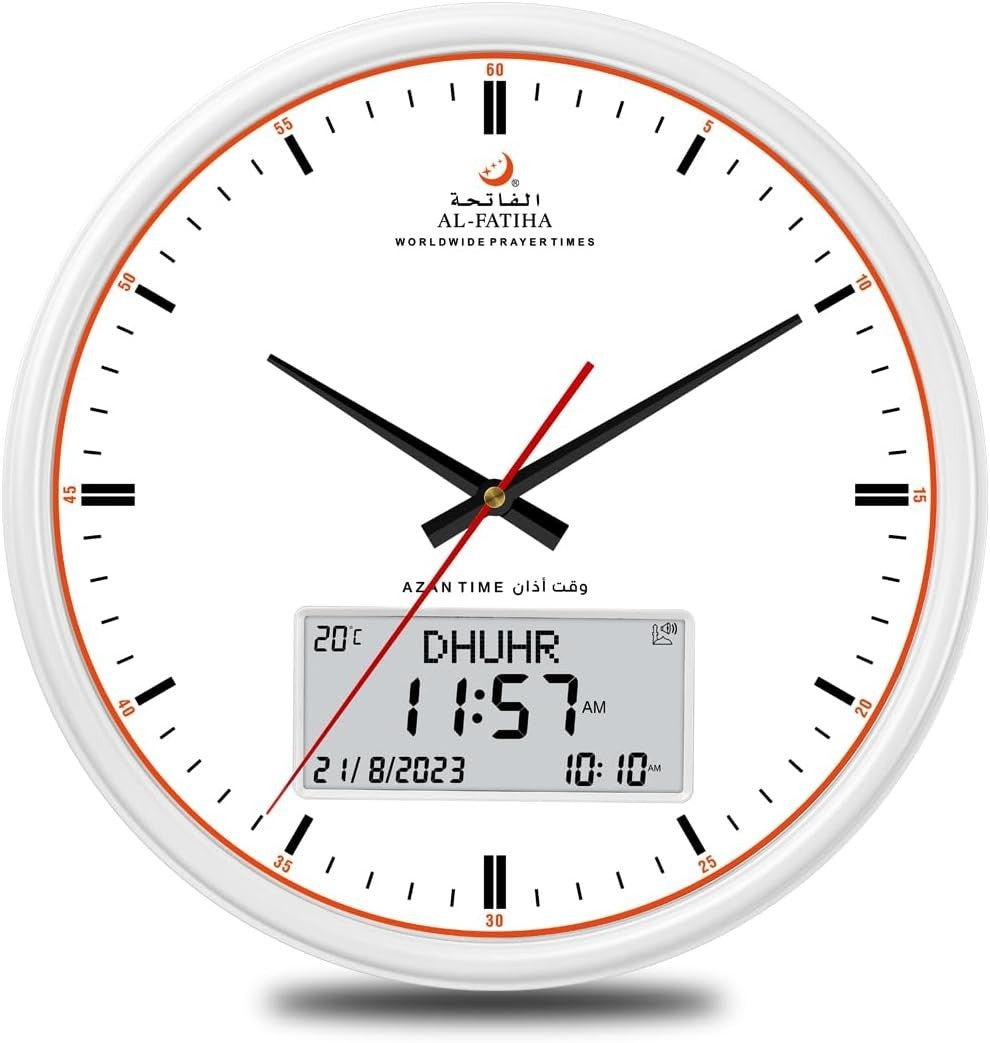 White Digital Azan Prayer Clock with Volume Control, Alarm & Date Display