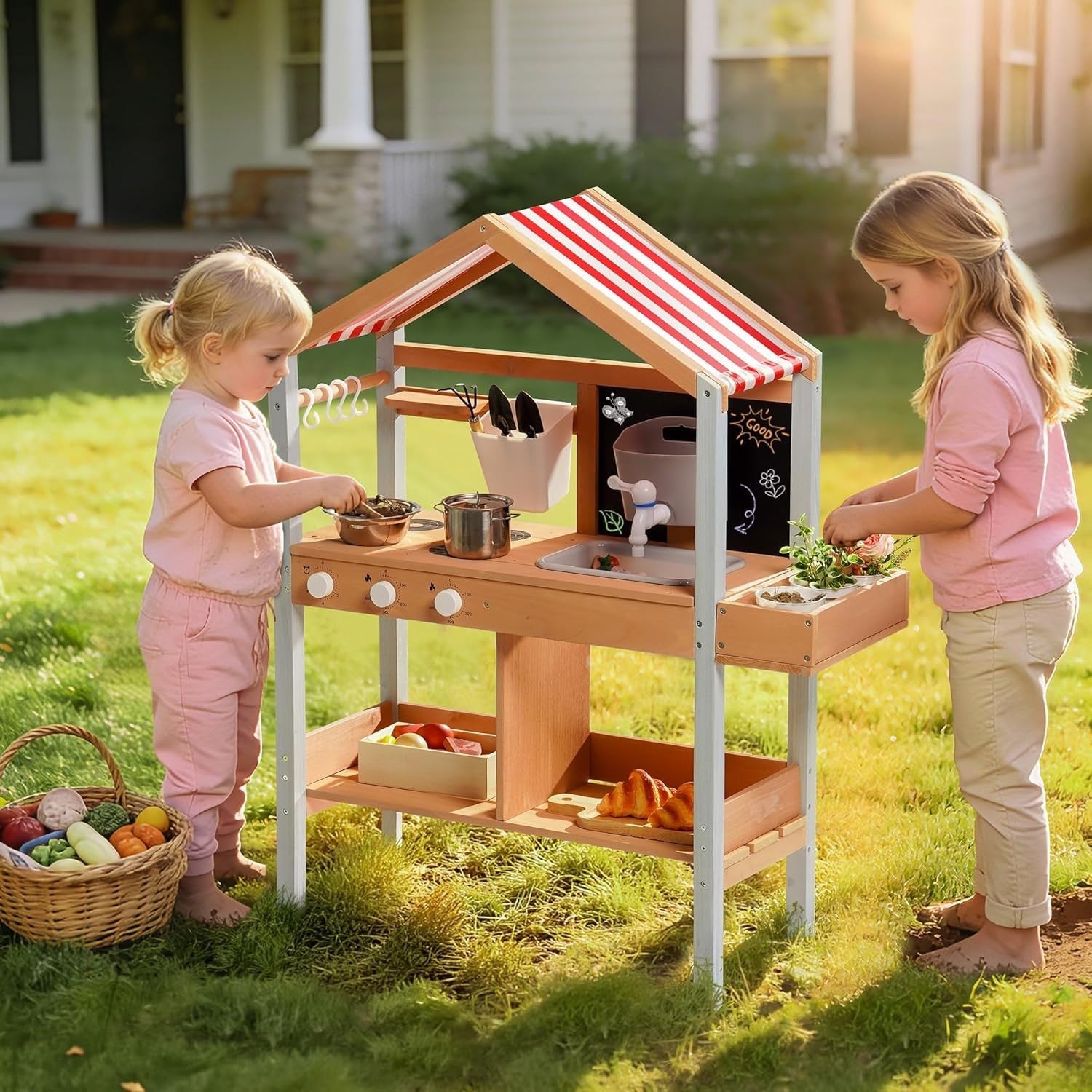 Outdoor Wooden Mud Kitchen Kids Playset Canopy Sink Garden Toy