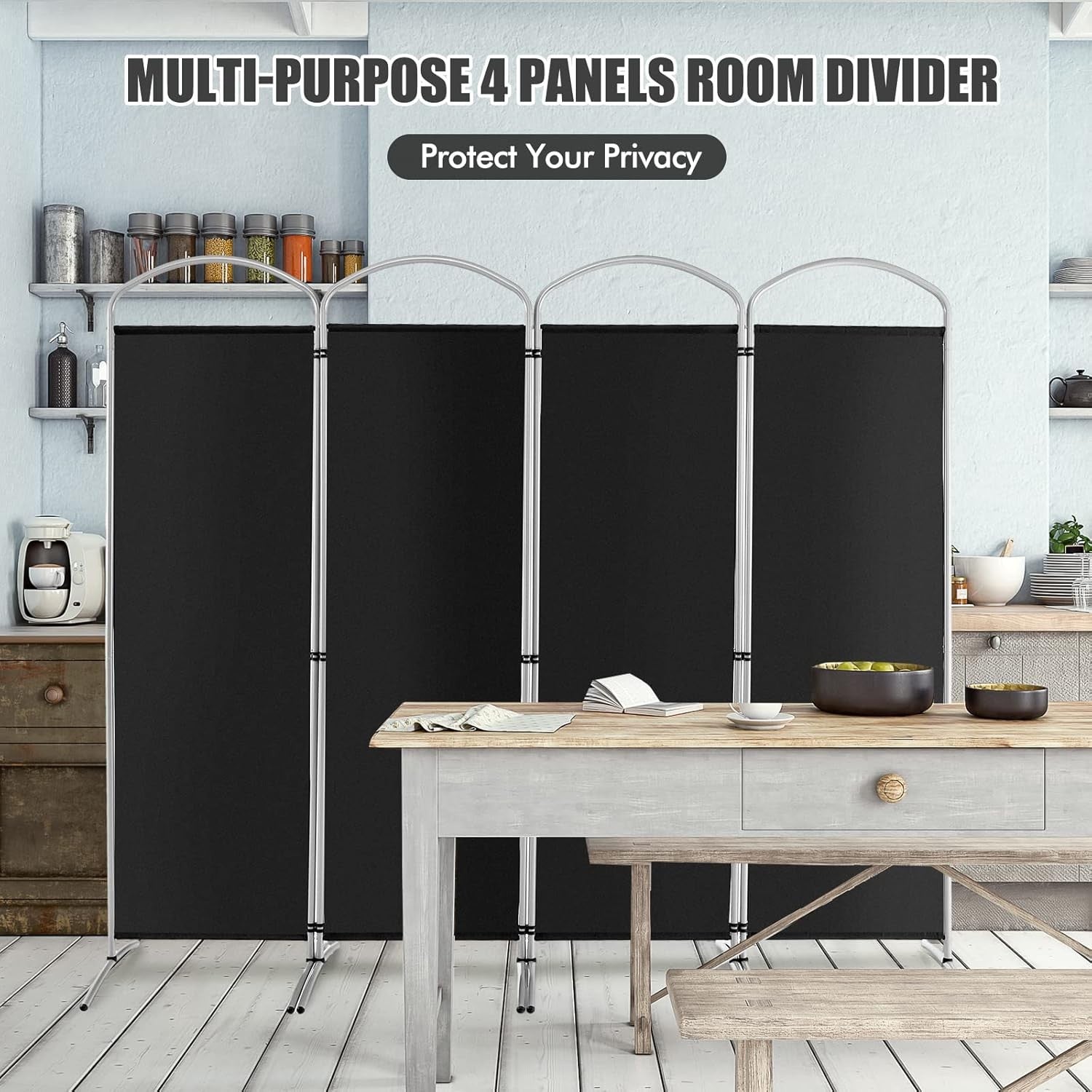 4 Panel Black Folding Room Divider Privacy Screen Partition for Office Bedroom