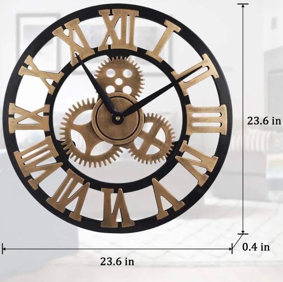 60cm Large Gold Roman Numeral Wall Clock Wood Open Face Silent Quartz Vintage