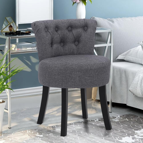 Grey Linen High-Back Vanity Chair – Padded Dressing Stool with Wood Legs