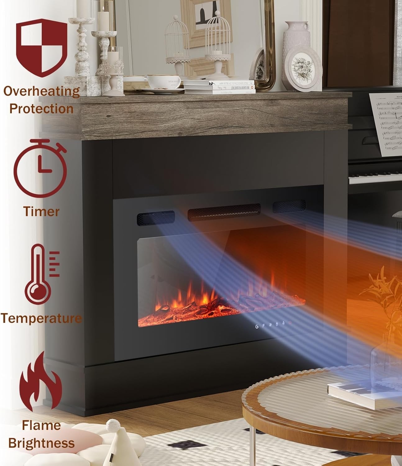 30” Electric Fireplace Heater 12 LED Flame Remote Modern Black Freestanding