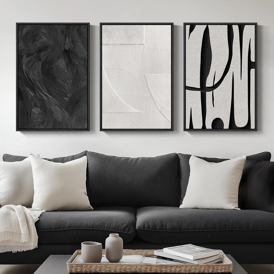 Black White Abstract Canvas Wall Art 3 Panels 16x24" Modern Decor