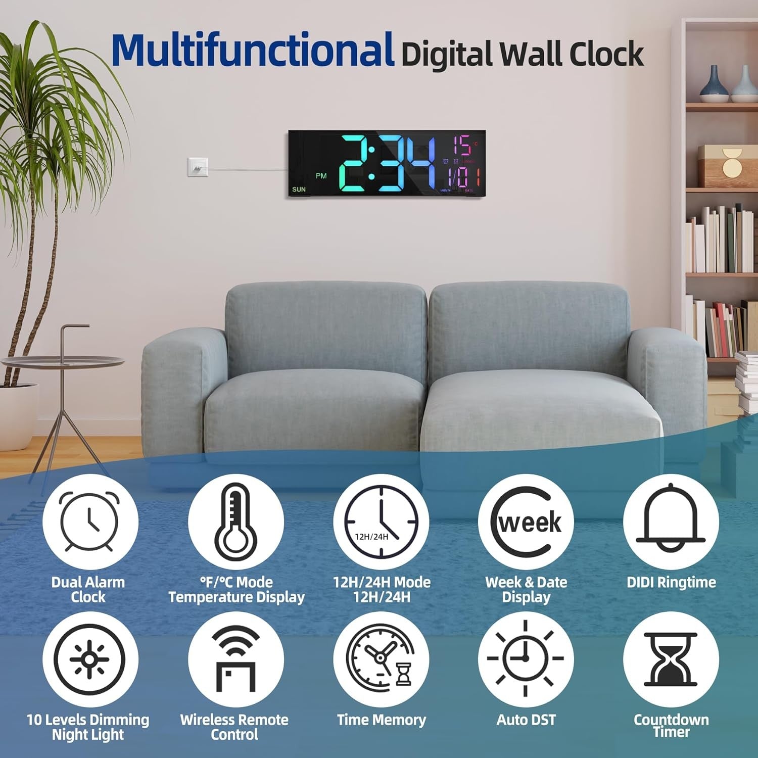 Black 16.5'' Large LED Digital Wall Clock RGB Remote Temperature Display