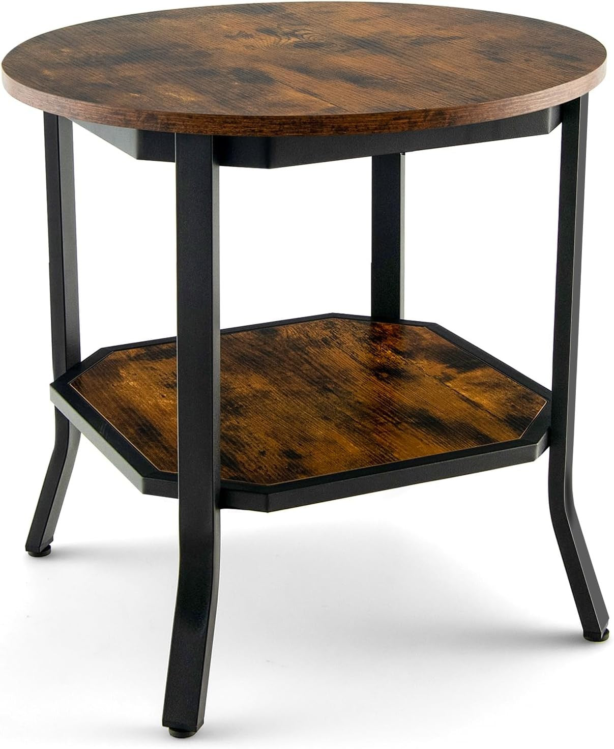Round Industrial Side Table Rustic Brown | 2-Tier Sofa End Table with Storage 50