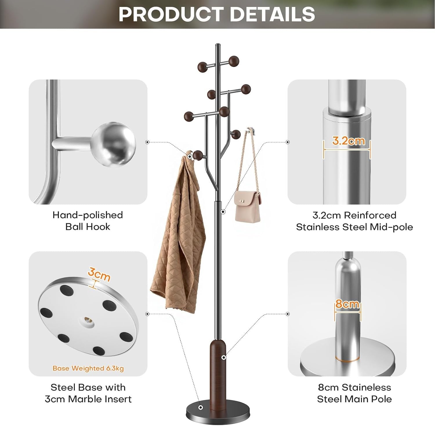Luxury Stainless Steel Coat Rack 180cm Marble Base Modern Freestanding Stand