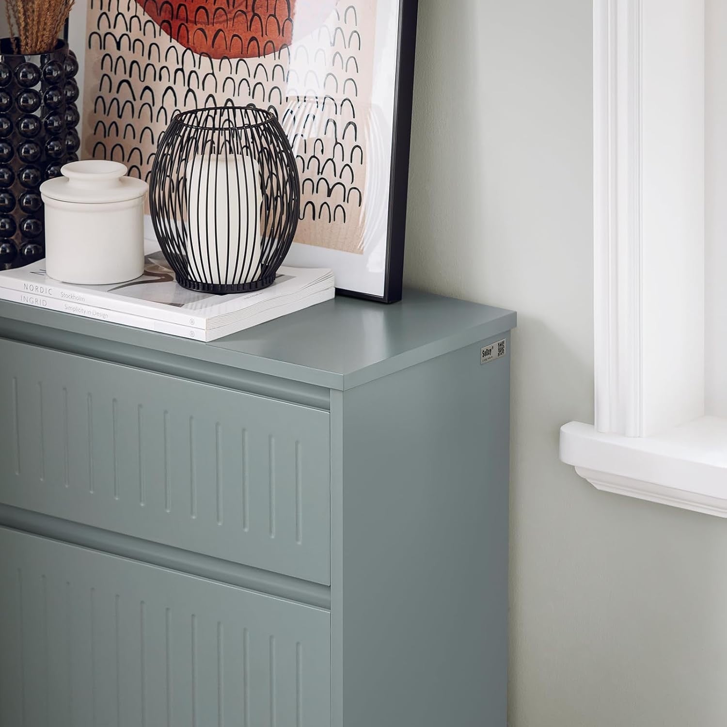 Slim Grey Shoe Storage Cabinet 2 Flip + 1 Pull-Out Drawer, Space Saver
