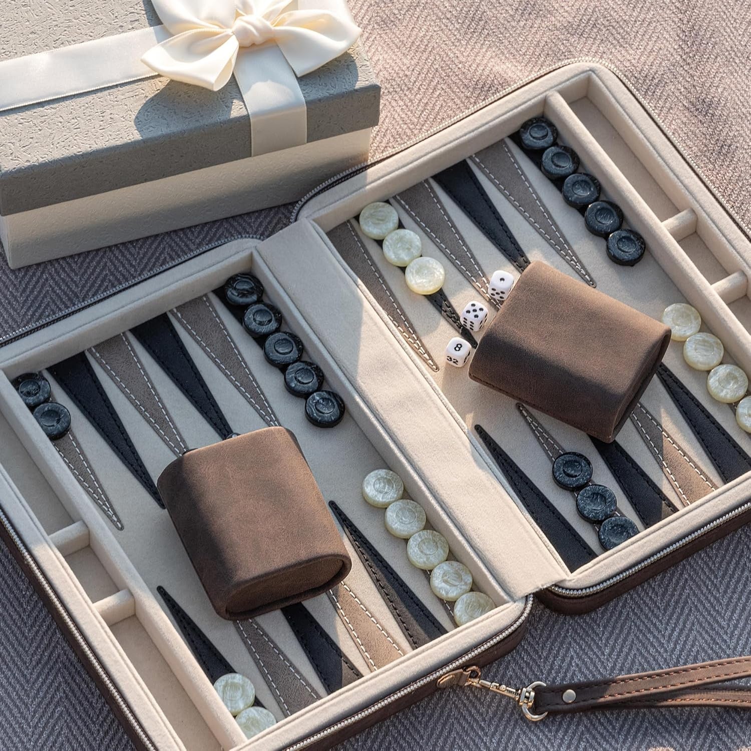 9.4 Inch Travel Backgammon Set Faux Leather Folding Board Portable
