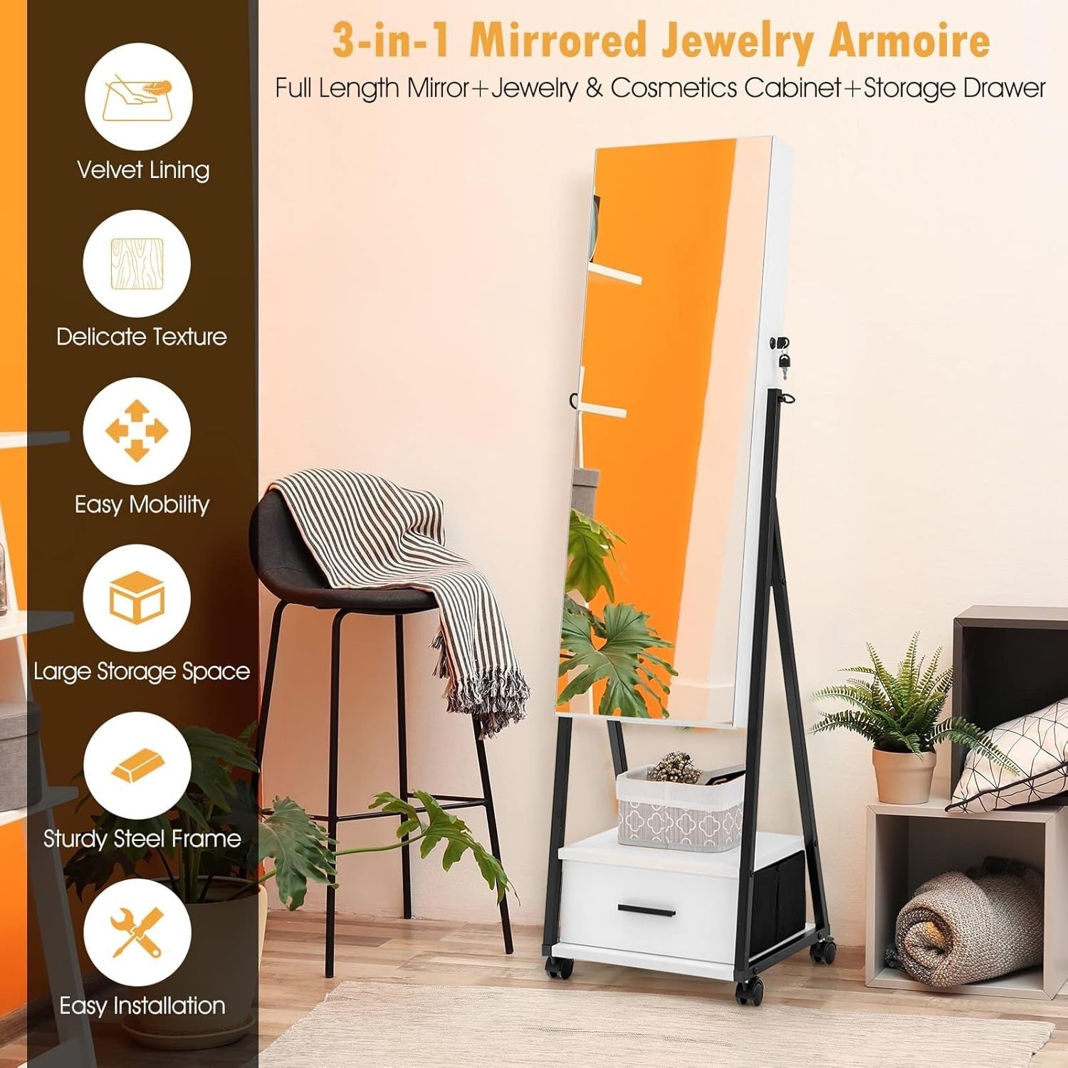 Rolling Jewelry Armoire with Full Length Mirror Lockable Cabinet White