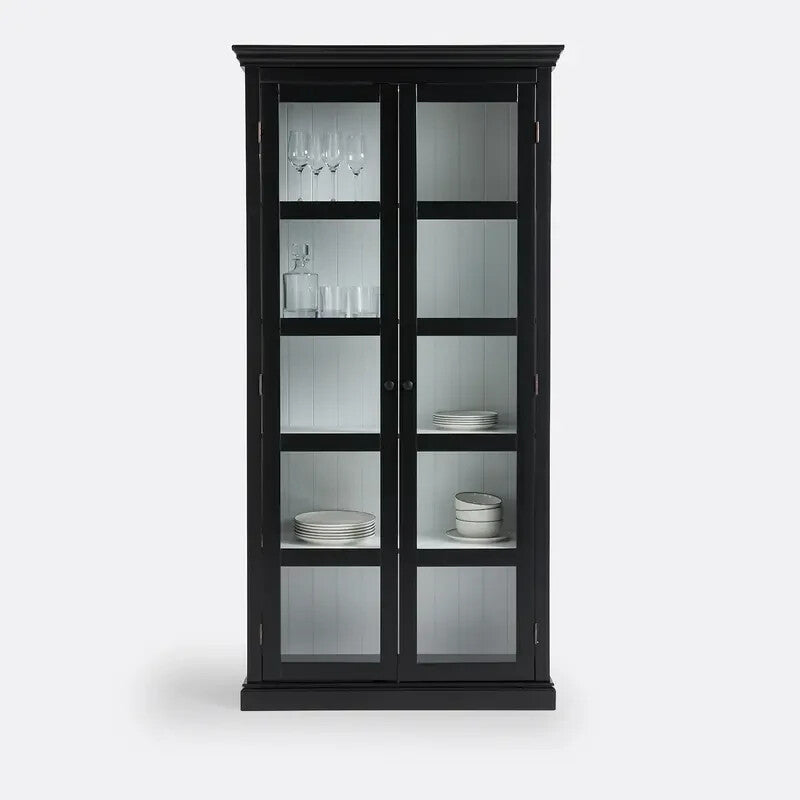 Tall Glass Display Cabinet Black Solid Pine Storage Unit 100x200x37cm