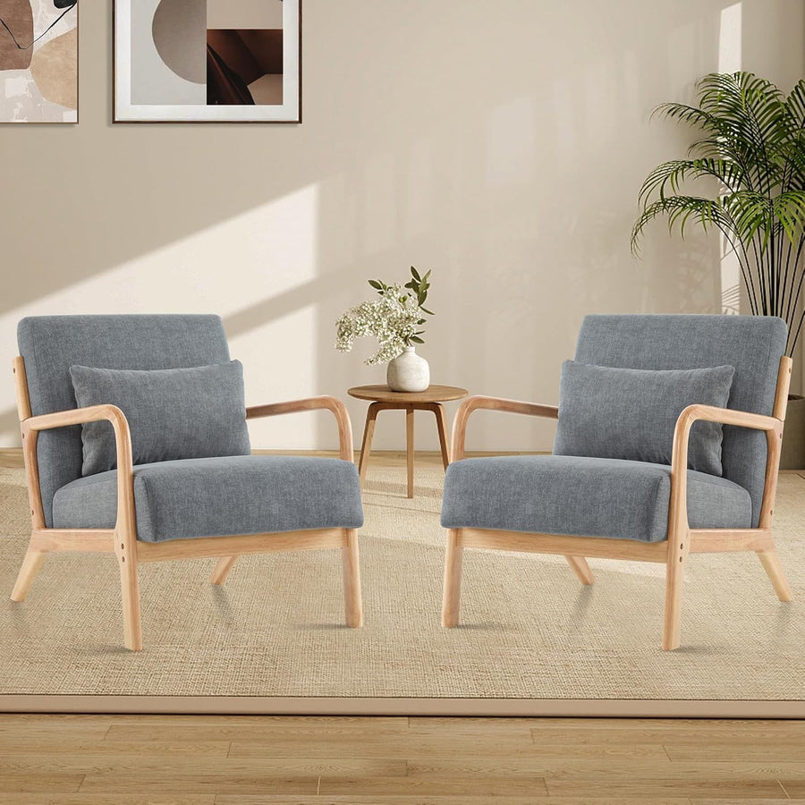 Mid Century Accent Chairs Set of 2 Upholstered Armchairs Grey