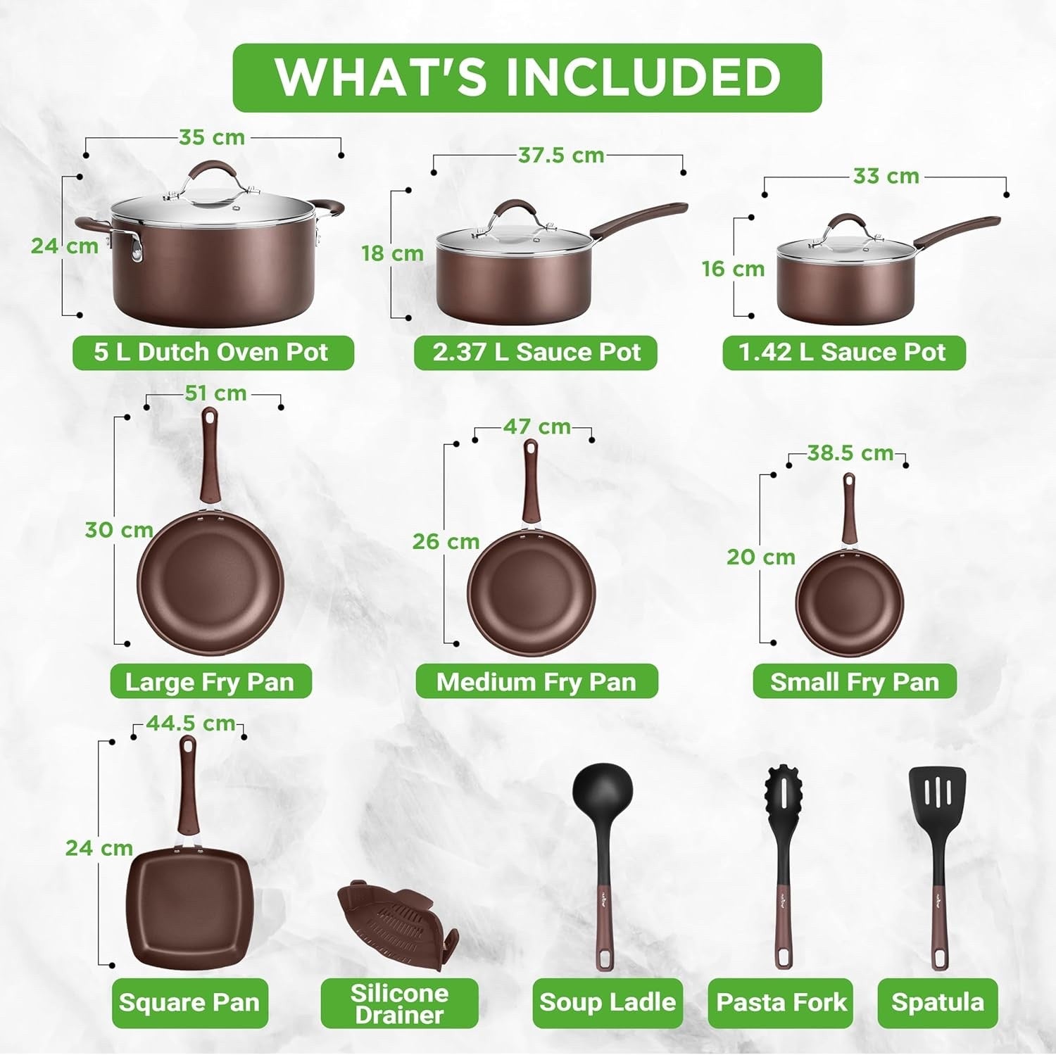 14pcs Brown Ceramic Stackable Non Stick Cookware Set Induction Safe Pots & Pans