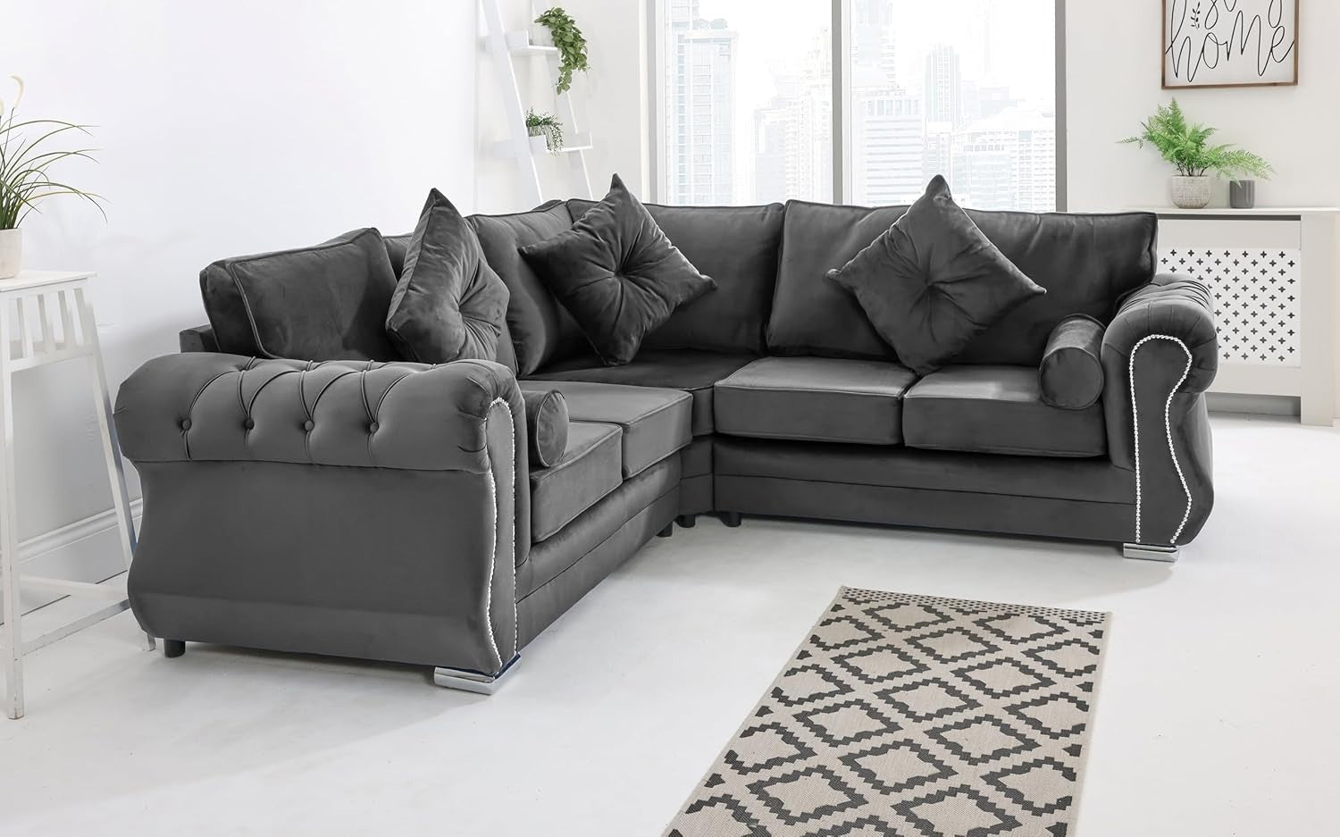 Grey Plush Velvet Corner Sofa 5 Seater Foam Cushions & Chrome Feet