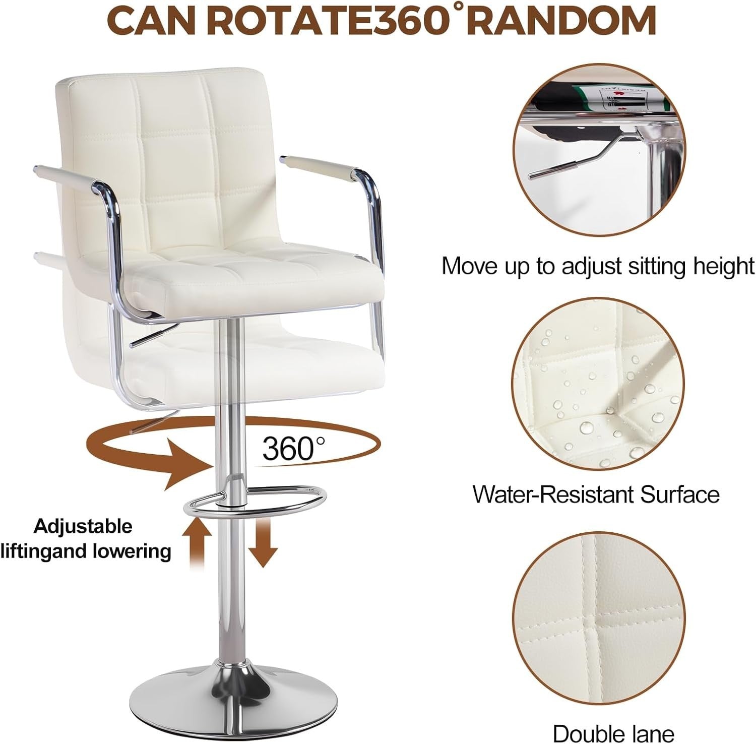 Beige PU Leather Bar Stool Adjustable Height 360° Swivel with Armrest