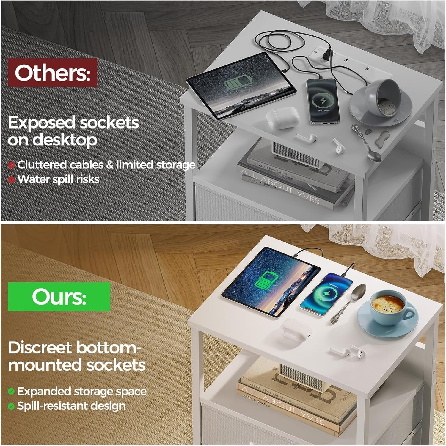 Set of 2 Smart LED Bedside Tables with Charging Station & Drawers – White Modern