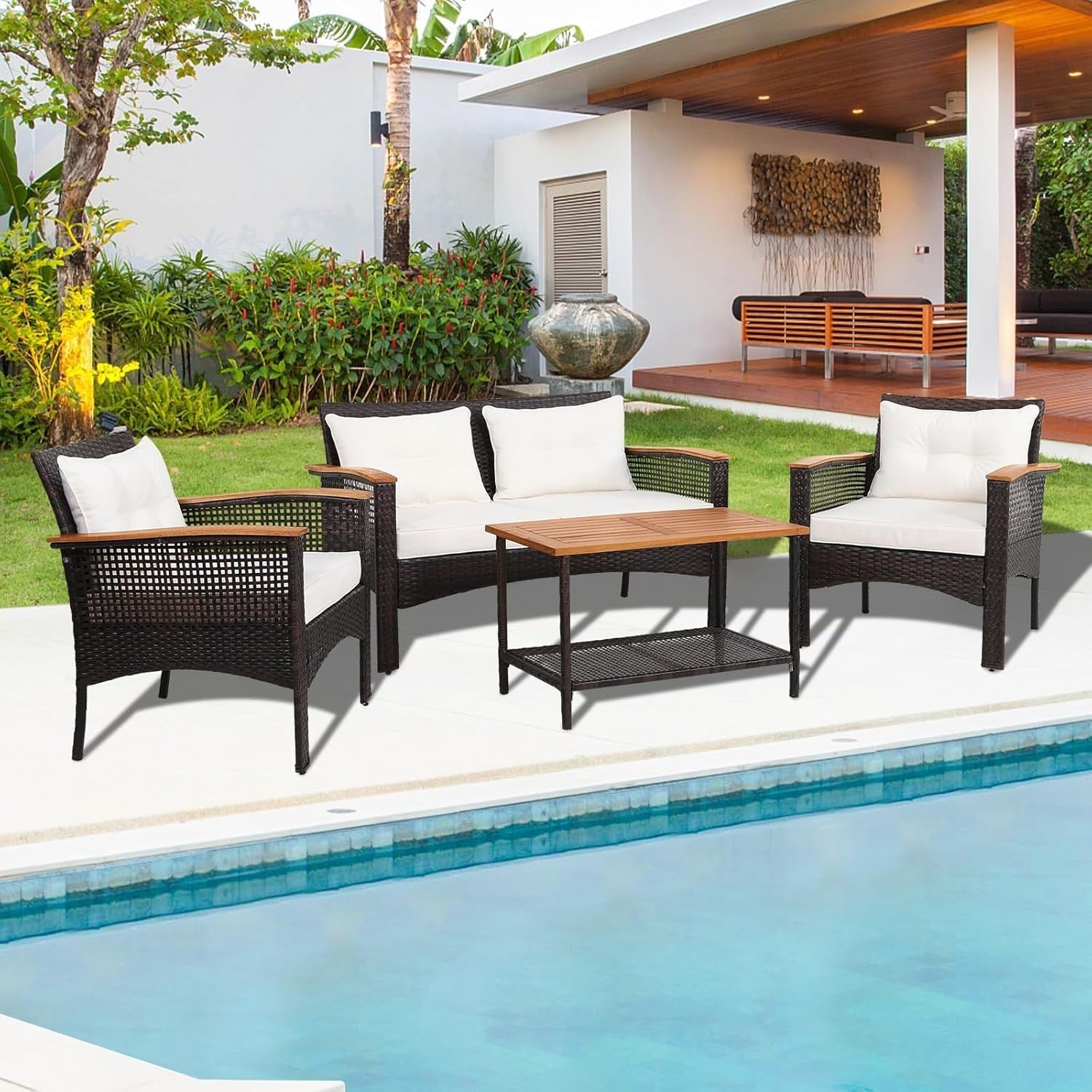 4PC Rattan Garden Lounge Set Loveseat Armchairs Coffee Table Cushioned