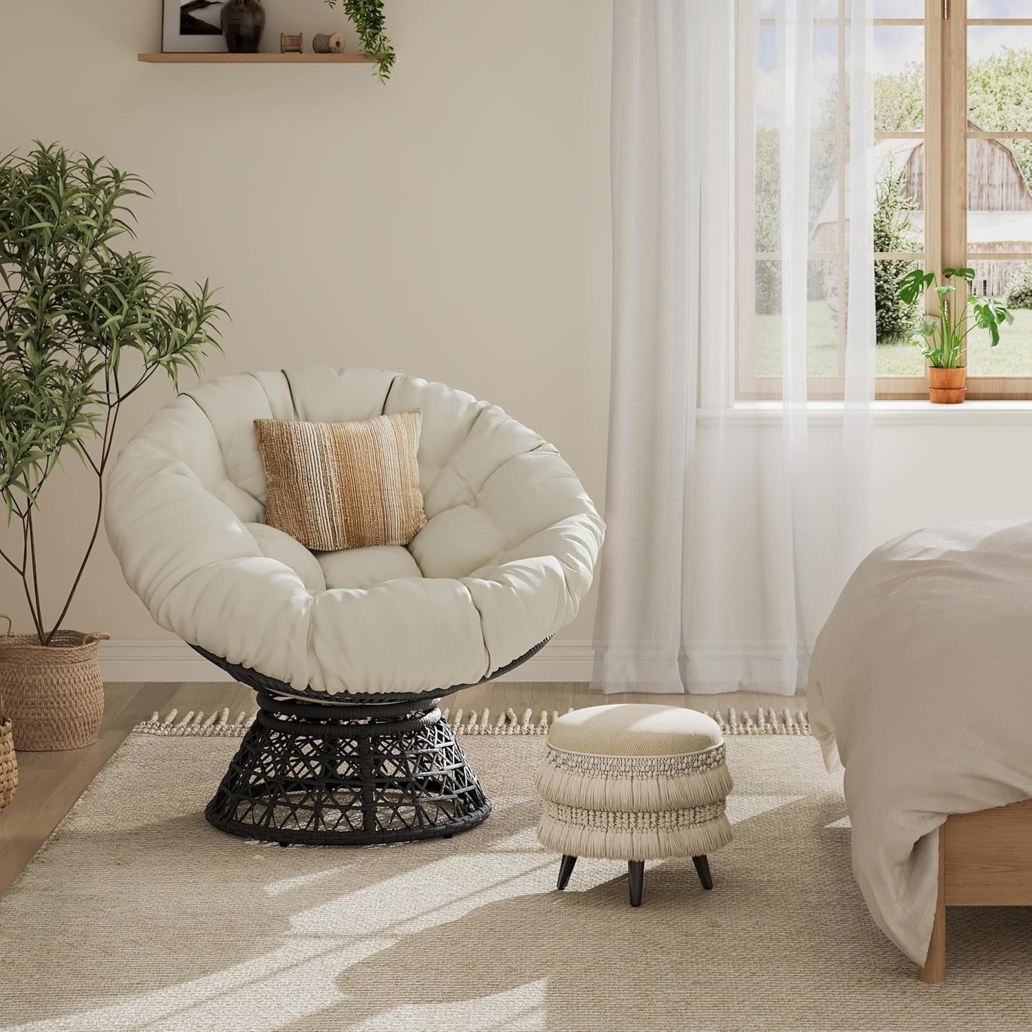 Beige Papasan Moon Chair Oversized Round Swivel Lounge Chair with Plush Cushion