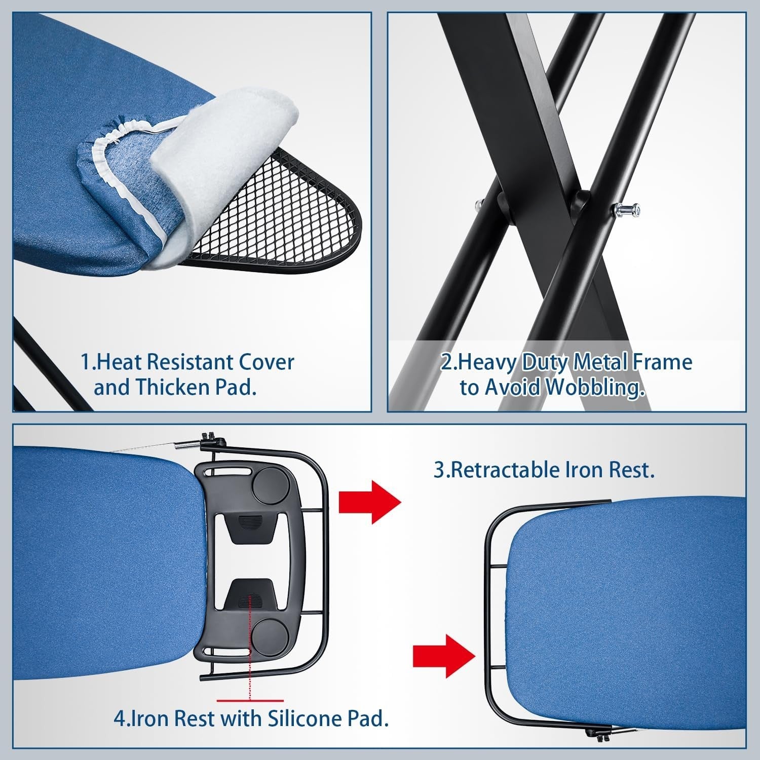 Extra Wide Ironing Board with Sleeve Board Adjustable Height Foldable Blue