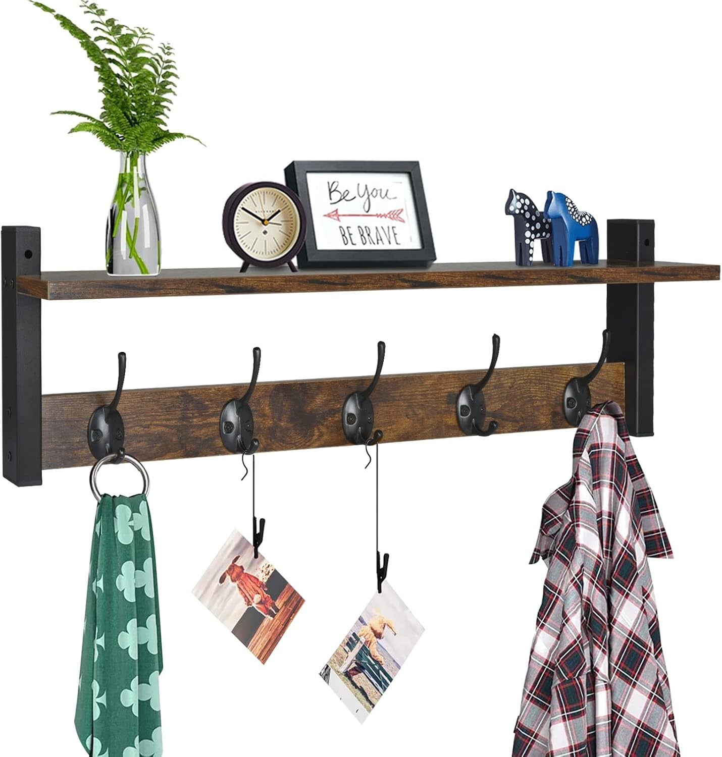 80cm Wall Mounted Coat Rack Shelf Black Entryway Hat Bag Towel Storage Hooks