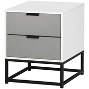 Modern Grey Bedside Table with 2 Drawers, Steel Base, Unique Chevron Style