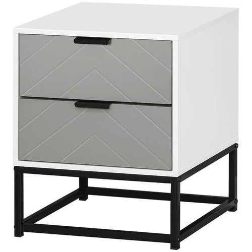 Modern Grey Bedside Table with 2 Drawers, Steel Base, Unique Chevron Style