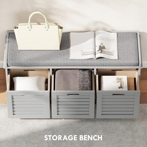Grey Shoe Storage Bench with Cushion & 3 Drawers – Modern Hallway Seat