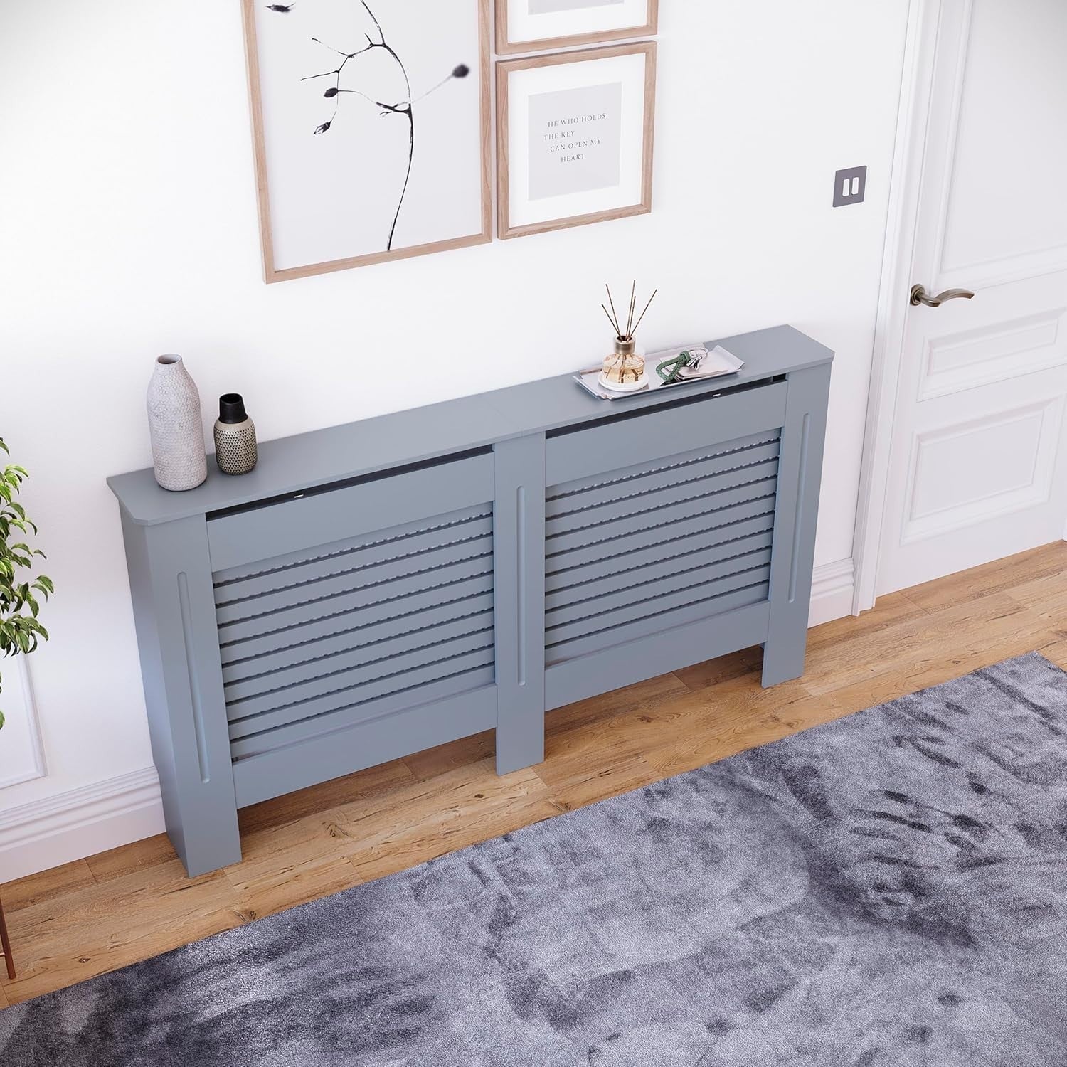 Large Grey Radiator Cover 141x80x16cm Modern MDF Slatted Cabinet
