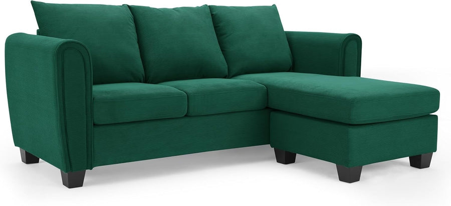 Green L Shaped Sofa 3 Seater Chaise Corner Cord Fabric Couch Modern
