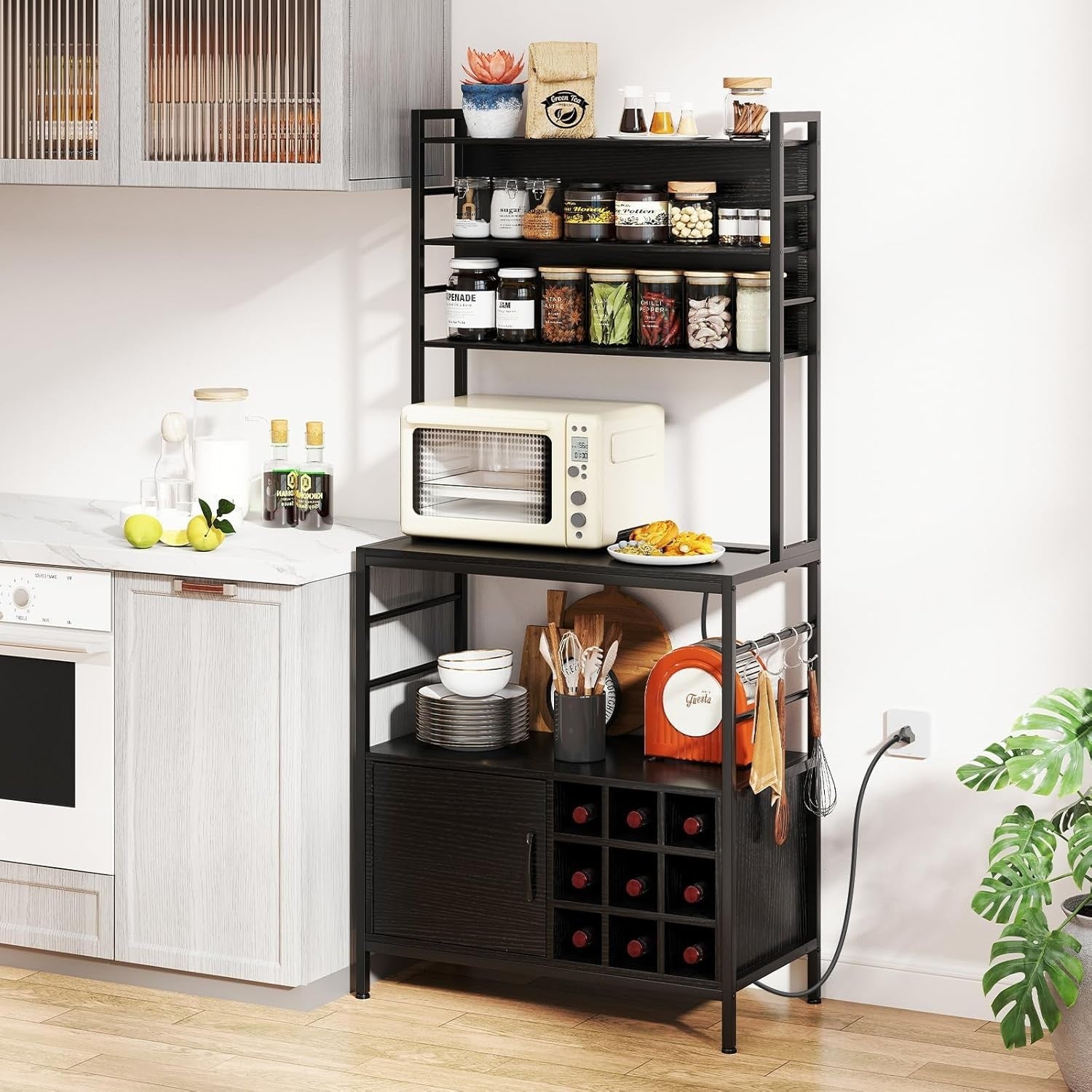 Kitchen Baker’s Rack Wine Bar Cabinet with Power Outlets, Microwave Stand