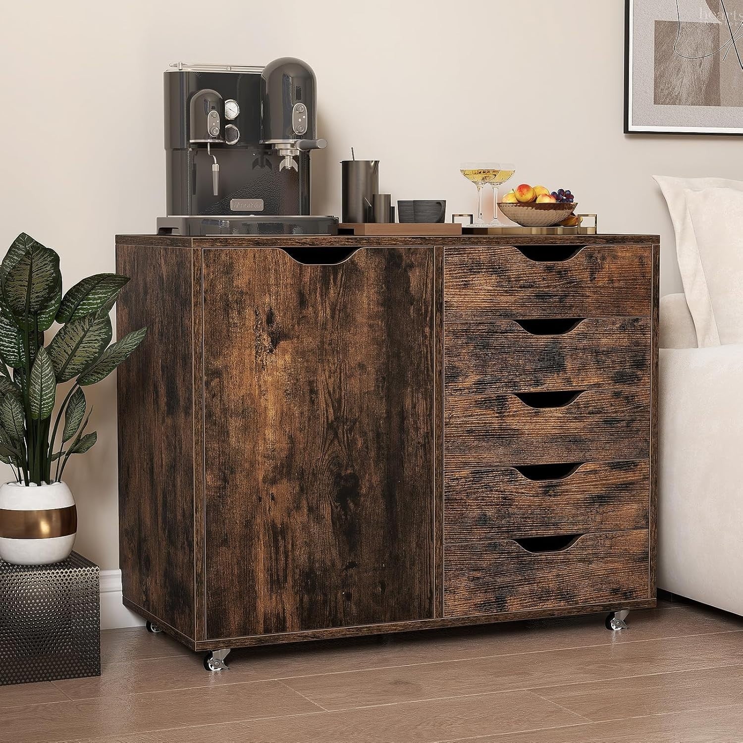 Rustic Brown Mobile File Cabinet 78x40x65cm 5 Drawer Printer Stand