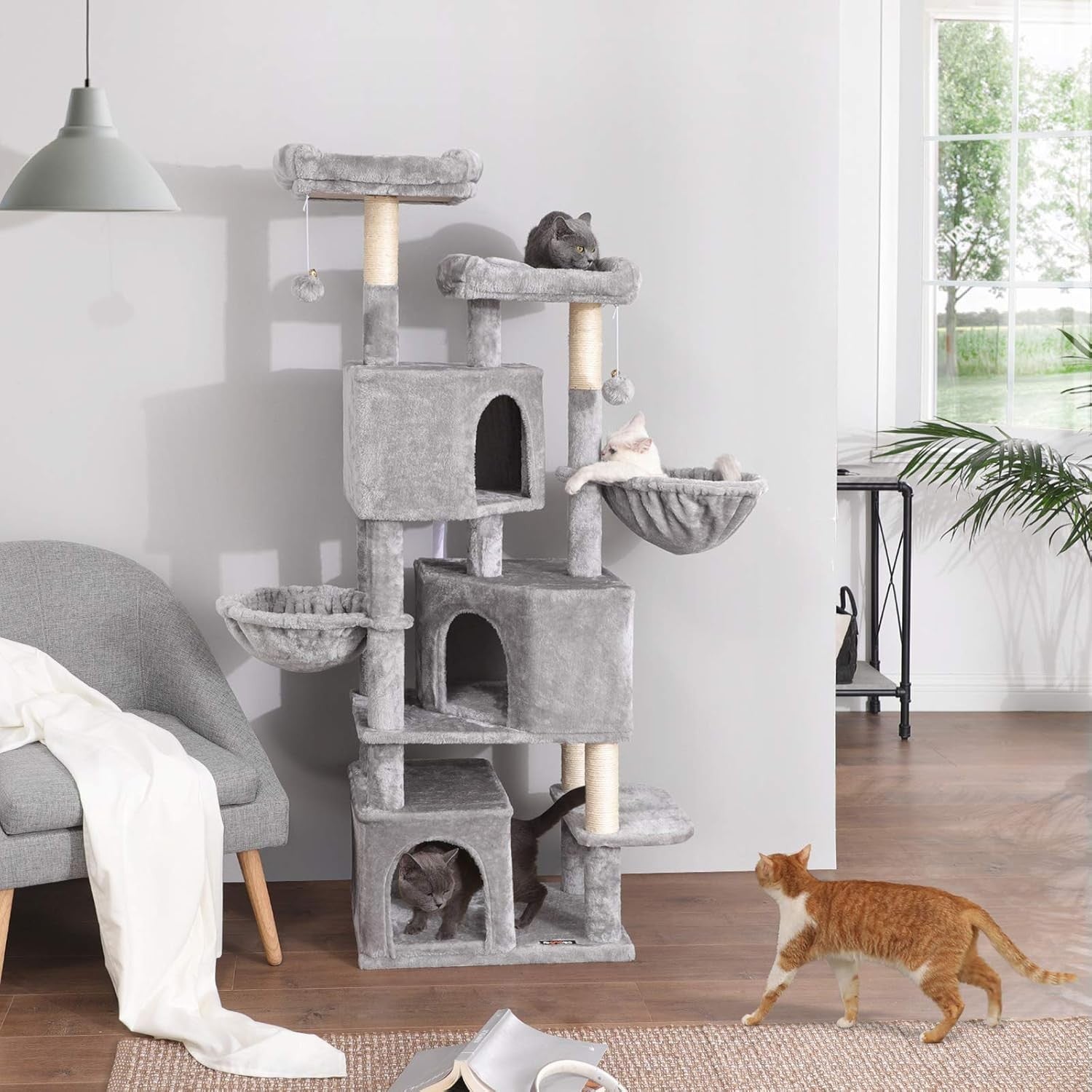 Large Cat Tree 164cm with 3 Condos Scratching Posts Plush Beds Light Grey
